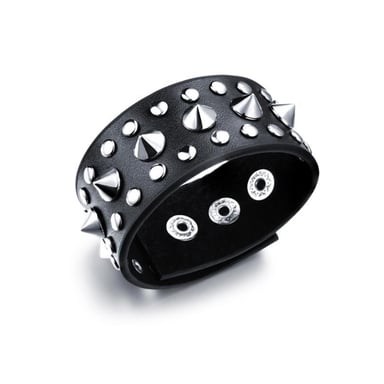 Black Leather and Stainless Steel Punk Man Bracelet