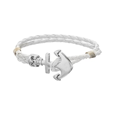 White Braided Leather Anchor and Skull Stainless Steel Man Bracelet