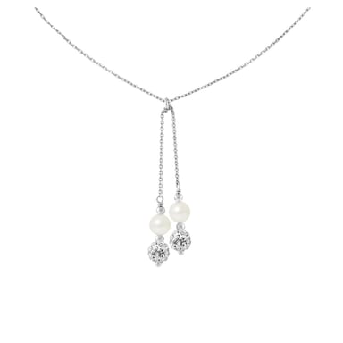 2 White Crystal and Freshwater Pearls, and 925/1000 Sterling Silver Women Necklace