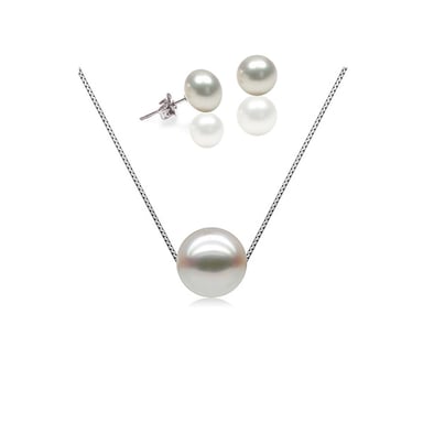 Set : White Freshwater Pearls Necklace and Earrings 925 Silver Mounting