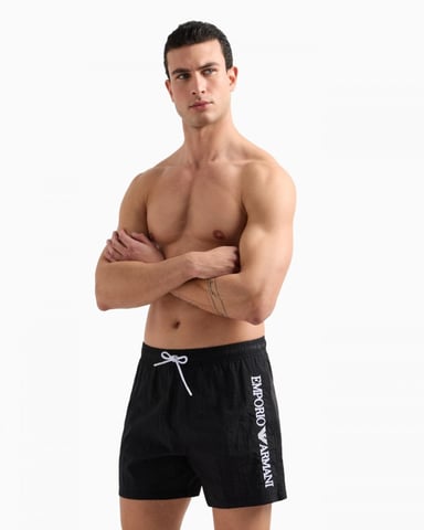Emporio Armani Mens Swim Shorts with Vertical Logo Embroidery
