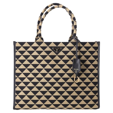Prada Stor Symbole Broderad Tote Väska i Svart och Beige Polyester