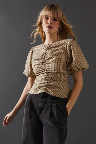 Check Ruched Front Puff Sleeve Top