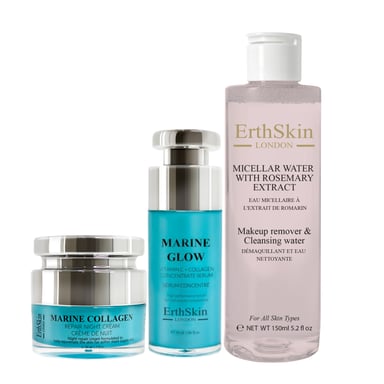 Micellar Water with Rosemary Extract 150ml+ Marine Glow Vitamin C + Collagen Concentrate Serum 30ml+Marine Collagen Night Cream 50ml
