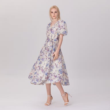 Flower Print Fit-And-Flare Tea Organza Dress