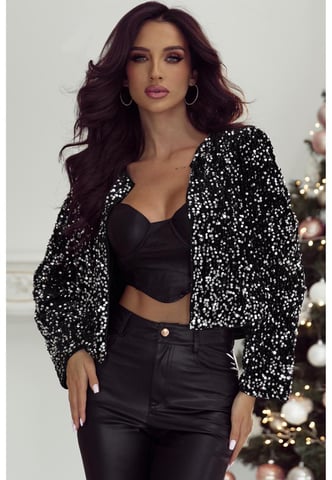 Black Sequined Open Front Cropped Jacket