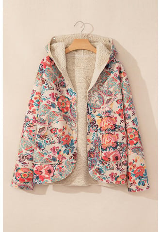 Beige Vintage Paisley Blommönstrad Sherpa Fodrad Huvtröja