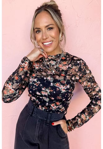 Black Floral Mesh Sheer Long Sleeve Top