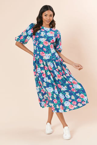 Floral Drop Waist Puff Sleeve Midi Dress