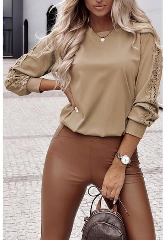 Licht Franse Beige Kant Gehaakte Patched Crew Neck Top