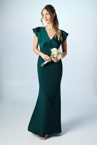 V Neck Angel Sleeve Satin Bridesmaids Dress