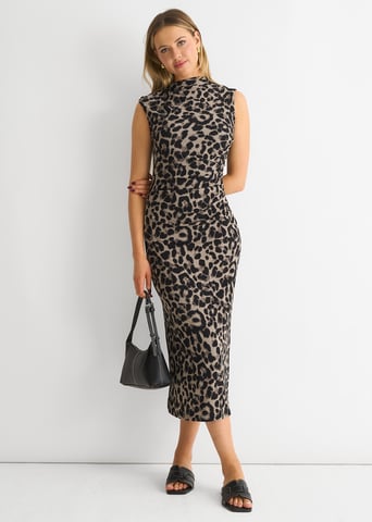 Grijze midi-jurk met dierenprint en ruches