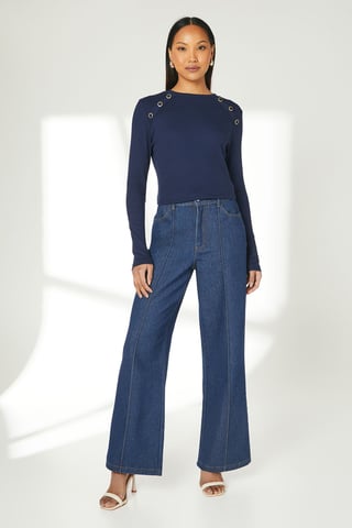 Navy Button Detail Rib Top