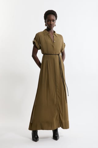 Petite Pleated Woven Viscose Maxi Shirt Dress