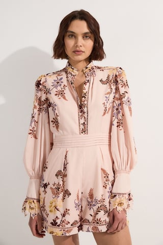Voile Floral Border Print Woven Playsuit With Ladder Lace Trim