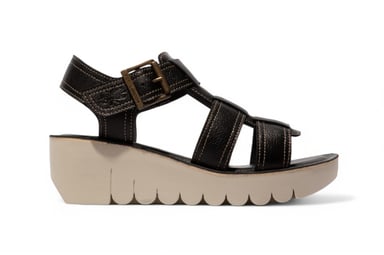 Fly London Dames YUDD236FLY Zwarte Mousse Leren Sandalen Espadrille Platform Wedges