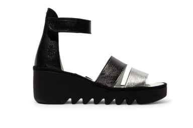 Fly London Dames BONO290FLY Zilver Zwart Idra Leren Sandalen Espadrille Wedges