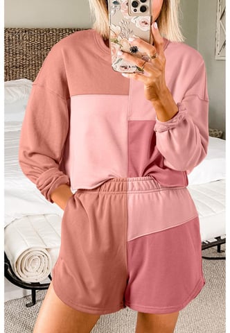 Perzikbloesem Kleurblok Patchwork Lange Mouw Korte Broek Outfit