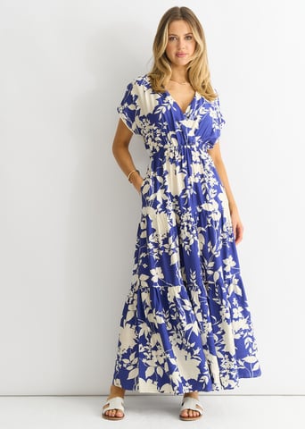 Blå blommig maxiklänning med resår i midjan