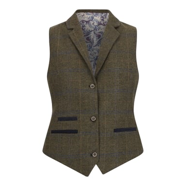 Women's Olive Tailored Fit Tweed Waistcoat in Herringbone Check