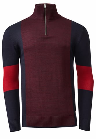 Fine-knit sweater in colorblock style with stand-up collar
