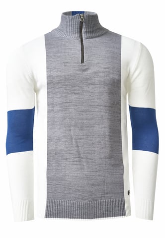 Fine-knit sweater in colorblock style with stand-up collar