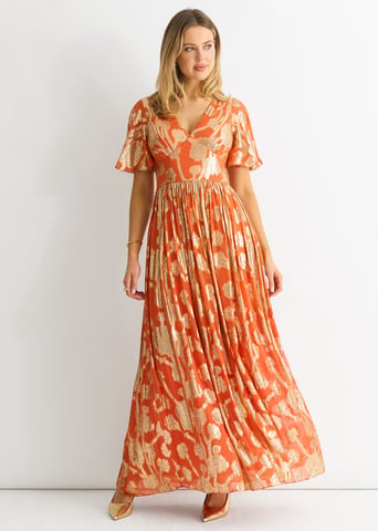 Oranje metallic jacquard fladdermouwen maxi jurk