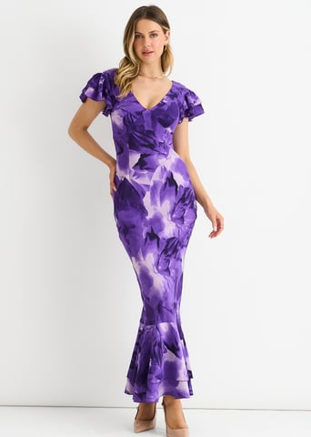 Paarse aquarelbloemige maxi jurk