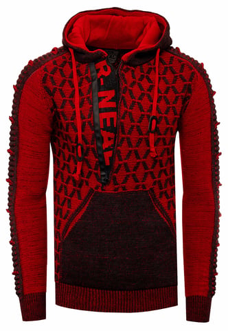 1/2 Zip Contrast Coarse Knit Hooded Jumper