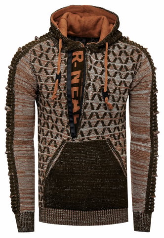 1/2 Zip Contrast Coarse Knit Hooded Jumper