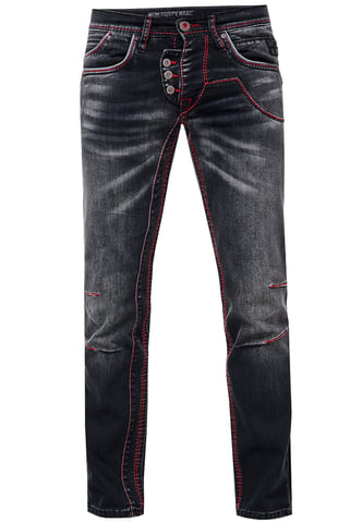 Jeans Trousers "RUBEN" Black Used with Neon Red Stitching