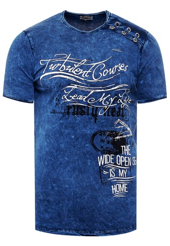 Oil-Washed T-Shirt with Side Buttons and Prints