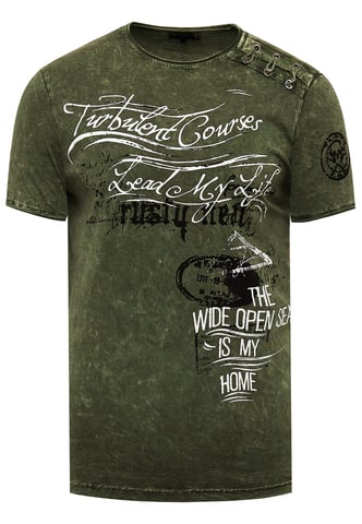 Oil-Washed T-Shirt with Side Buttons and Prints