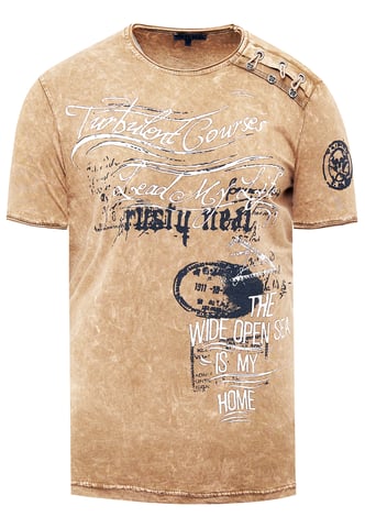 Oil-Washed T-Shirt with Side Buttons and Prints