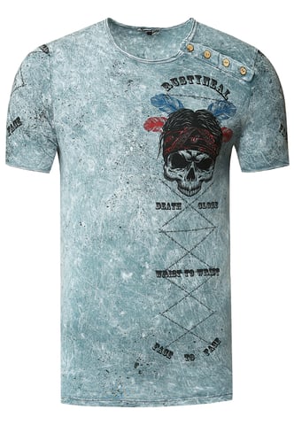 Washed crew neck T-shirt with button placket and prints