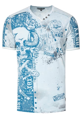 V-Neck T-Shirt with All Over Skull X Snake Print and Suede Details