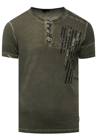 Oil-Washed T-shirt with button placket