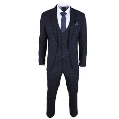 Heren Navy Geruit 3-delig Pak Slim Fit