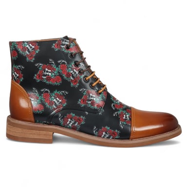 Justin Reess Heren Bruine Oxford Enkellaarsjes van Leer met Bloemenprint - Adam Skull