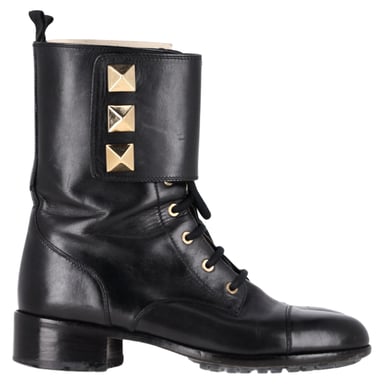 Valentino Rockstud Lace-Up Combat Boots in Black Leather