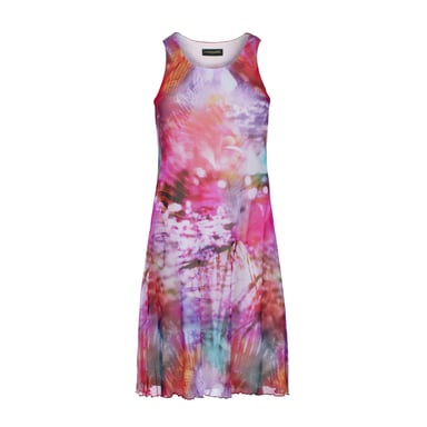 Women's Sleeveless A-Line Dress – Abstract Multicolor Print, Lined Cotton with Sheer Nylon Overlay