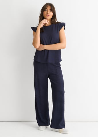 Donkerblauwe Top met Rimpel Mouwen in Textuur en Oversized Pasvorm