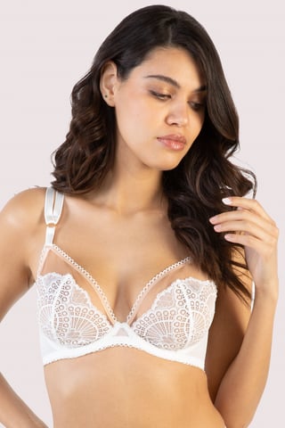 Wolf & Whistle Carmen Lace Plunge Bra With Nude Mesh Inserts & Picot Trim