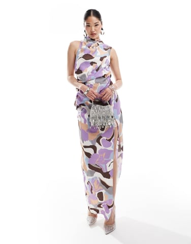 ASOS DESIGN high neck one shoulder drape maxi dress with thigh split in abstract print-Multi