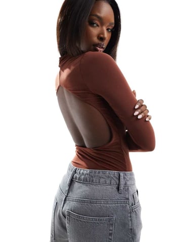 ASOS DESIGN double layer slinky backless bodysuit in cappuccino brown