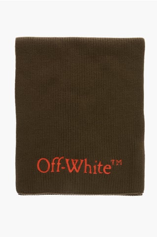 Virgin Wool Scarf With Contrast Embroidery Logo in Military Green