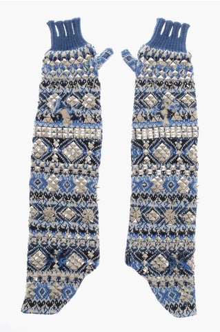 Knited Fingerless Warm Lenght Gloves with Studs in Azzurro, Bianco, Blu, Multicolor
