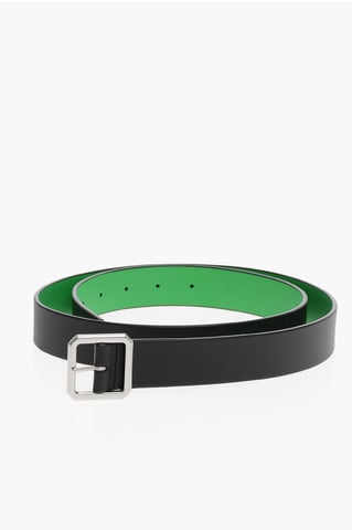 Metal Buckle Reversible Leather Belt in Black