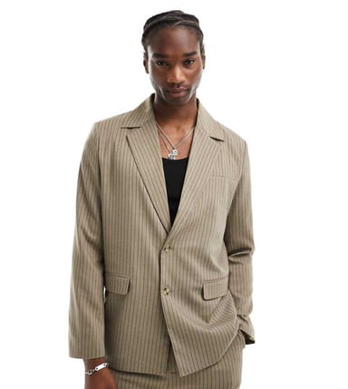 Reclaimed Vintage suit blazer in beige pinstripe co-ord-Neutral