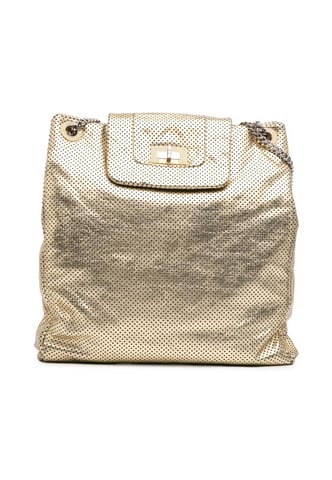 Perforated Crackled Metallic Leather Tote with Chain Link Straps